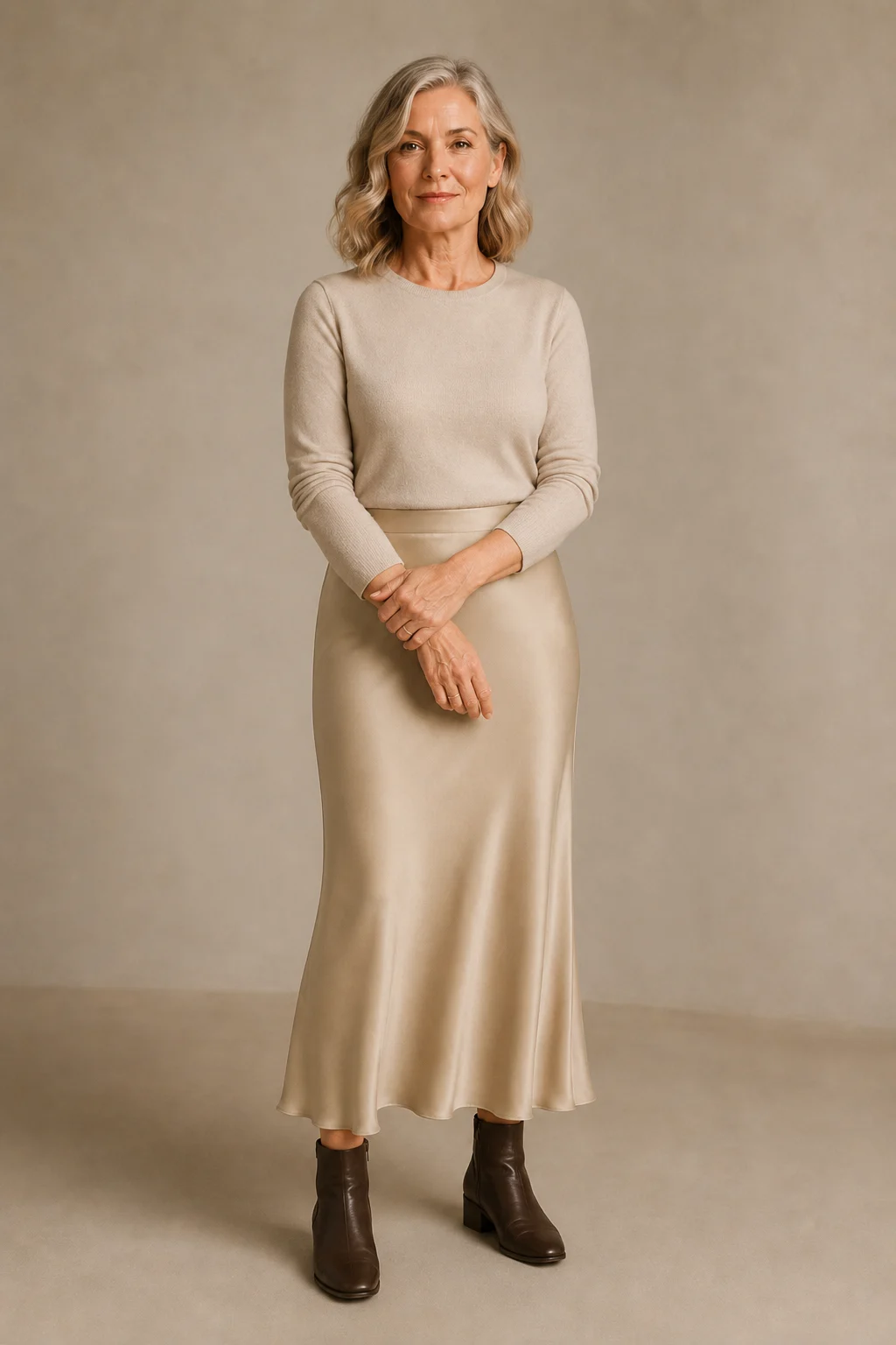 Olga | Densely Woven Satin Midi Skirt - Khaki