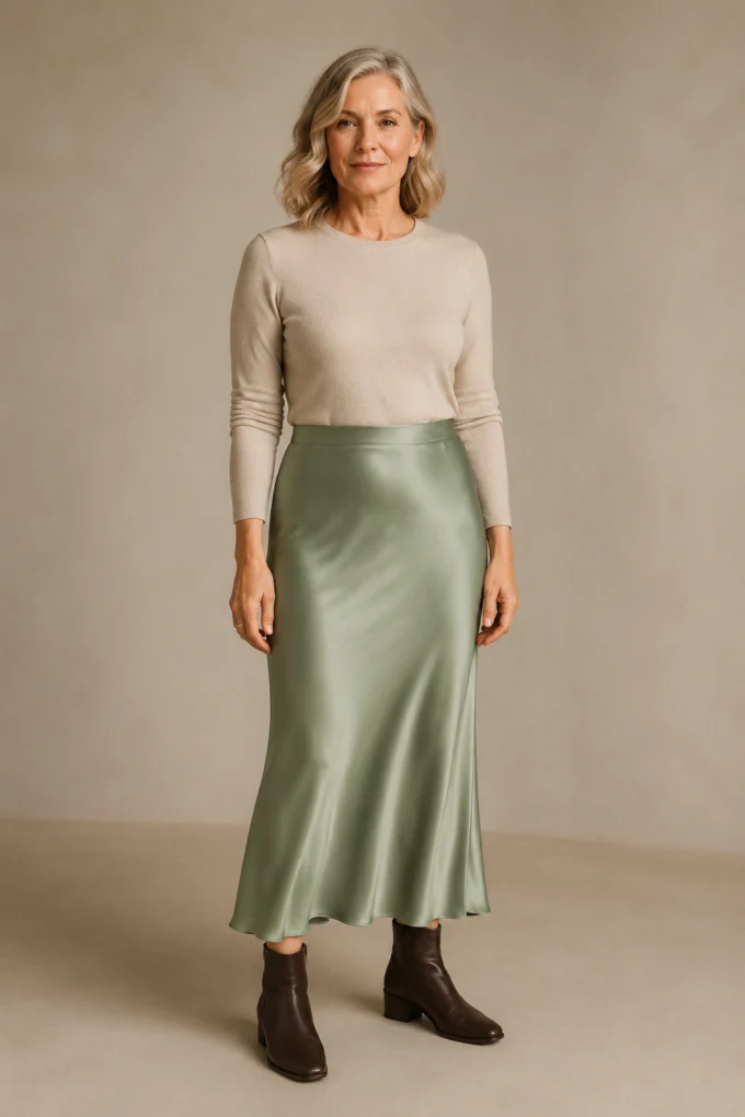 Olga | Densely Woven Satin Midi Skirt - Olive