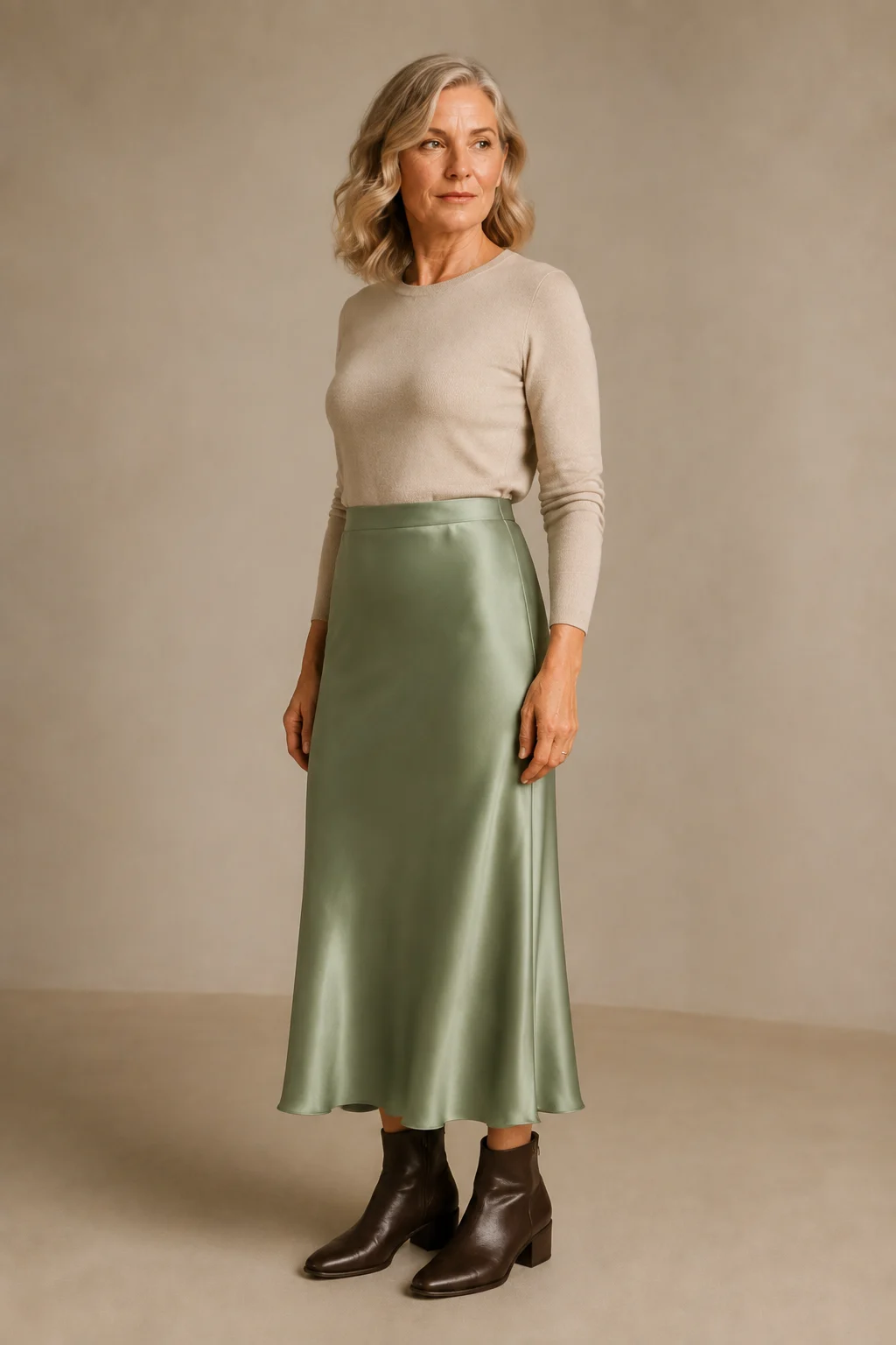 Olga | Densely Woven Satin Midi Skirt - Olive