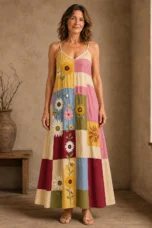Patchwork Panel Strappy Maxi Dress - Yellow