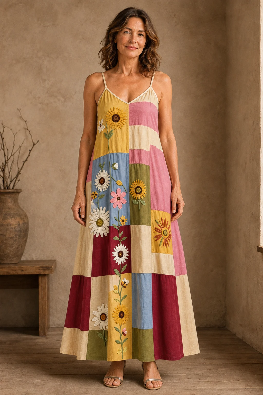 Patchwork Panel Strappy Maxi Dress - Yellow