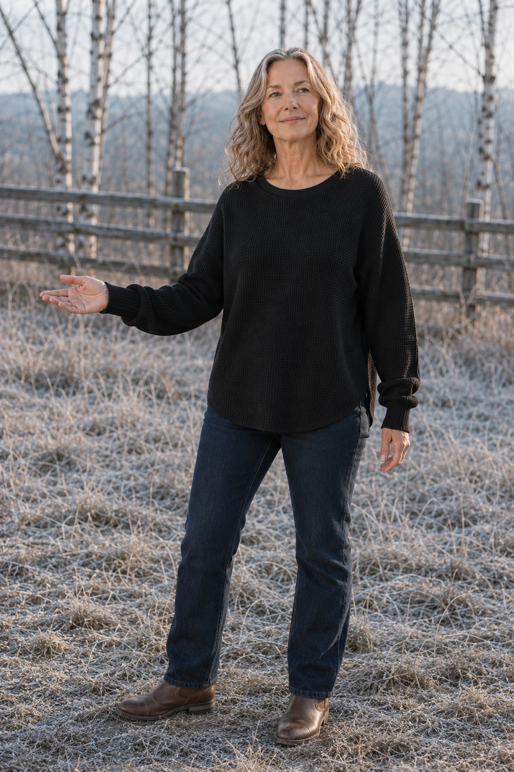 Paula Black waffle-knit cotton crew neck sweater, outdoor editorial photograph