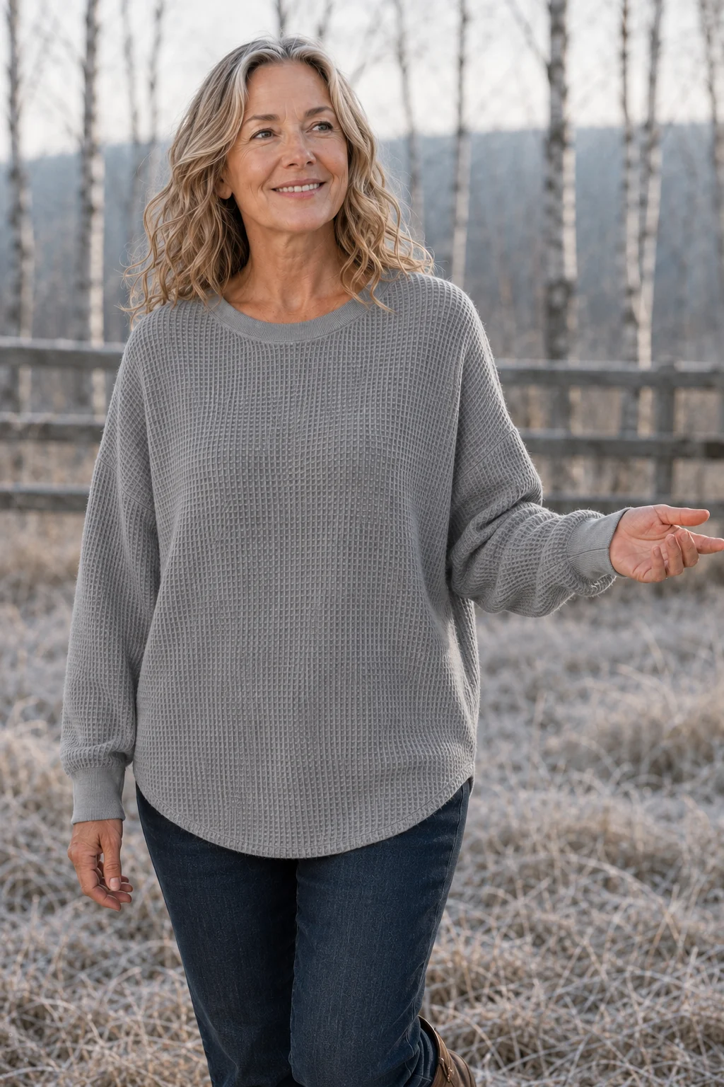 Paula Grey waffle-knit cotton crew neck sweater, outdoor editorial photograph