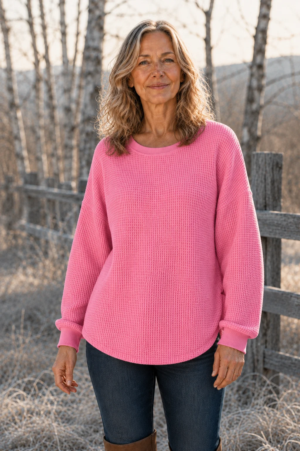 Paula cotton waffle crew neck sweater in pink, outdoor editorial photograph