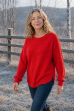 Paula Red waffle-knit cotton crew neck sweater, outdoor editorial photograph