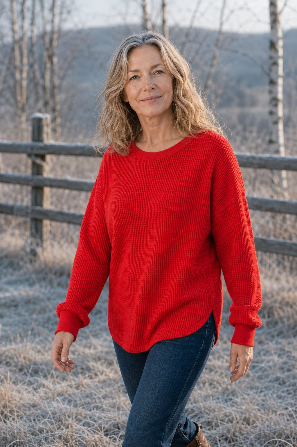 Paula Red waffle-knit cotton crew neck sweater, outdoor editorial photograph