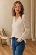 Phyllis | Mesh Panel Long Sleeve Knit Top - Khaki