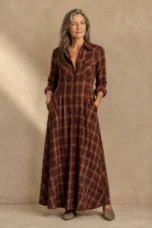 Plaid Cotton Blend Shirt Dress - Rust