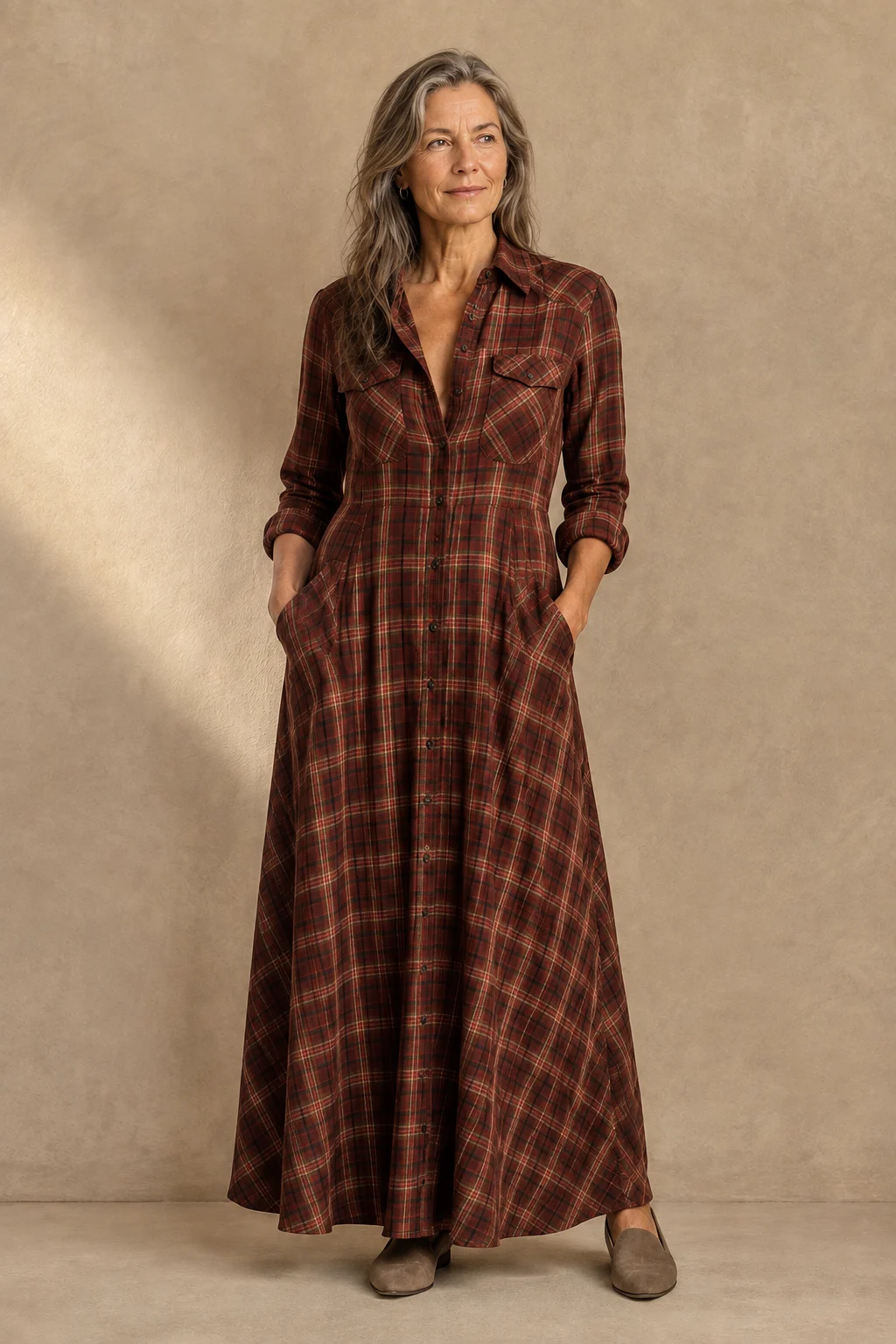 Plaid Cotton Blend Shirt Dress - Rust