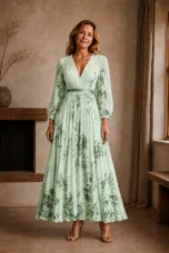 Pleated Floral Tie Waist Maxi Dress - Green