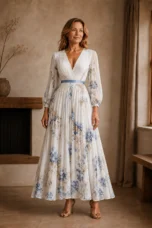Pleated Floral Tie Waist Maxi Dress - White