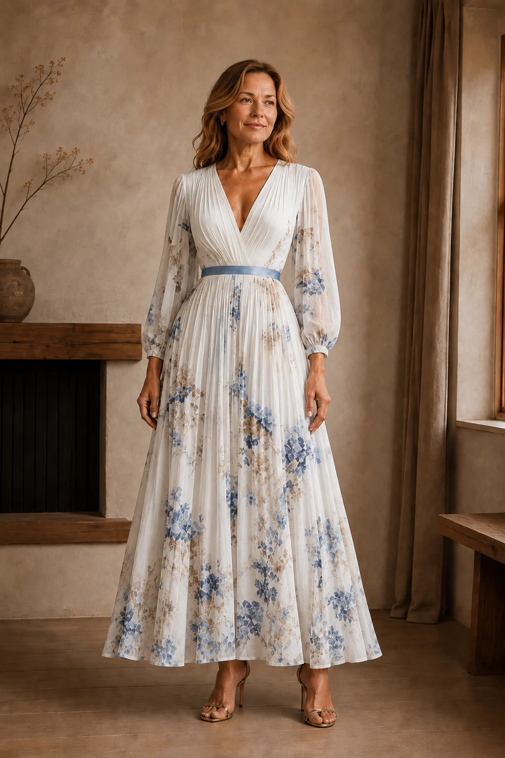 Pleated Floral Tie Waist Maxi Dress - White