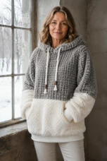 Herfst/winter nieuwe modieuze casual zachte pluche effen kleur patchwork crewneck hoodie met capuchon en koord, lange mouwen, patchzak, warm sweatshirt voor dames - Grijs