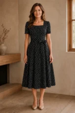 Polka Dot Bow Front Dress - Black
