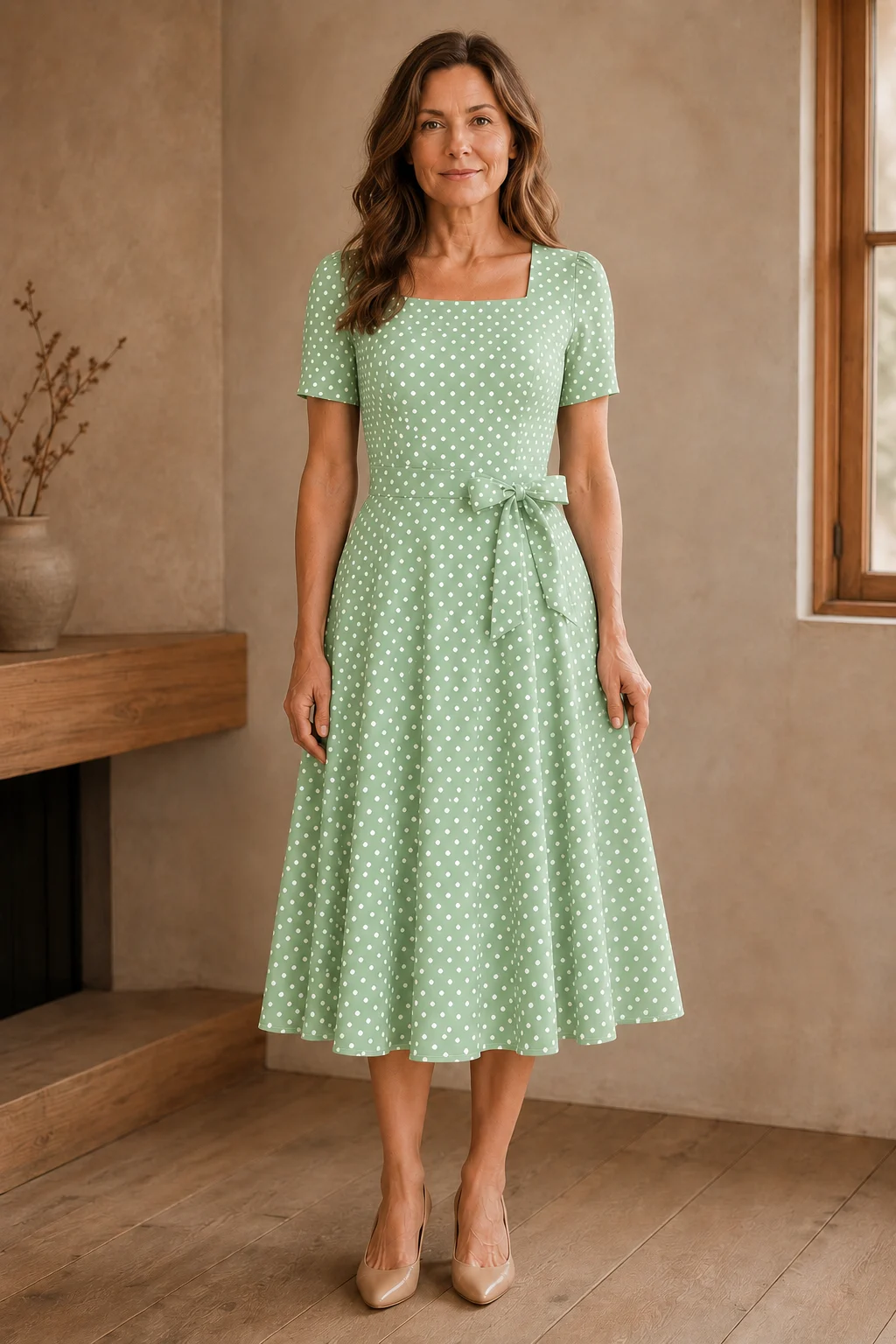 Polka Dot Bow Front Dress - Green