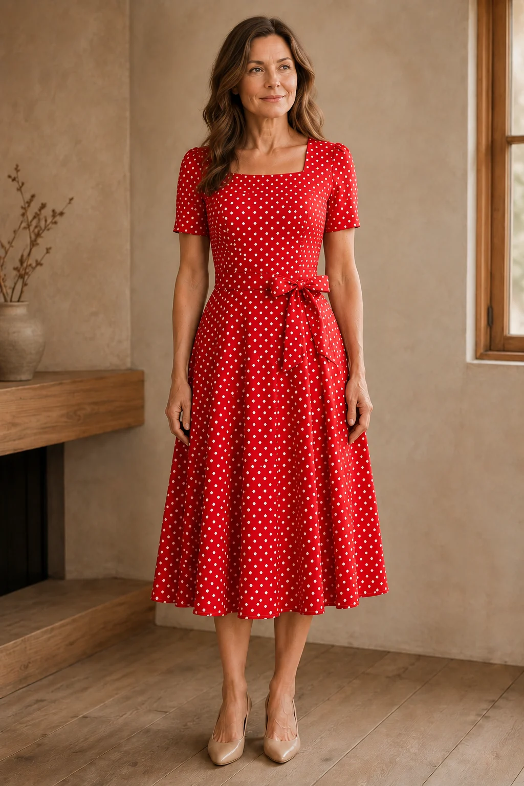 Polka Dot Bow Front Dress - Red