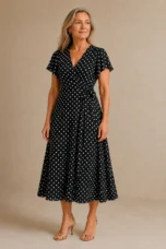 Polka Dot Cross Neck Dress - Black