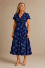 Polka Dot Cross Neck Dress - Blue