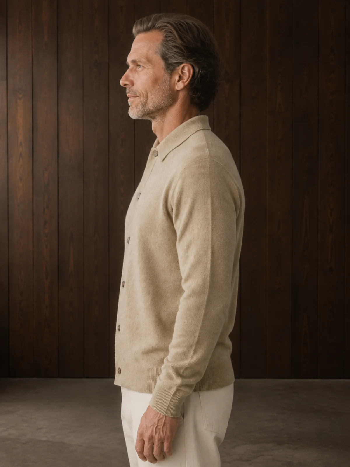 Lapel Collar Button Knit Cardigan - Beige side view