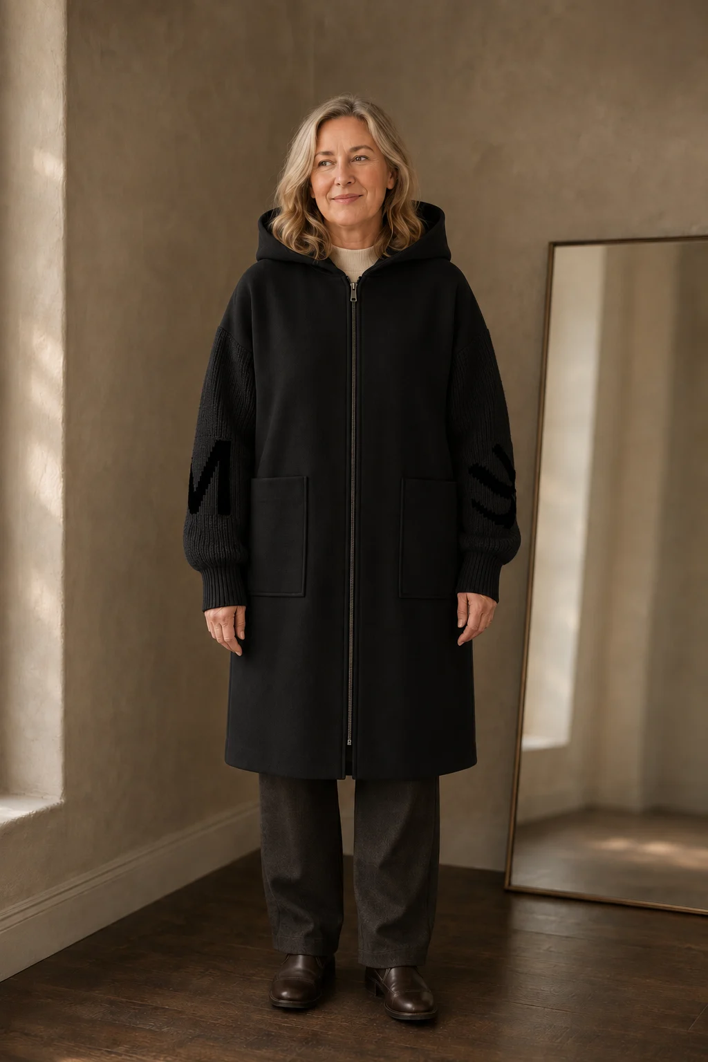 Prudence | Dense Knit Hooded Long Coat - Black