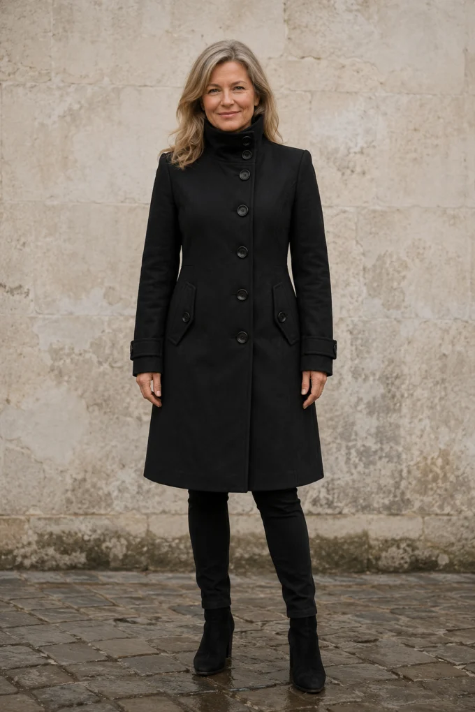 Quilted Double-Breasted Funnel Neck Coat closed
