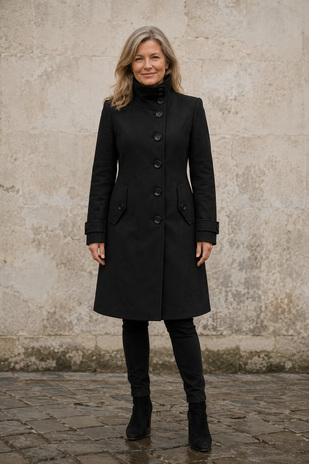 Quilted Double-Breasted Funnel Neck Coat closed