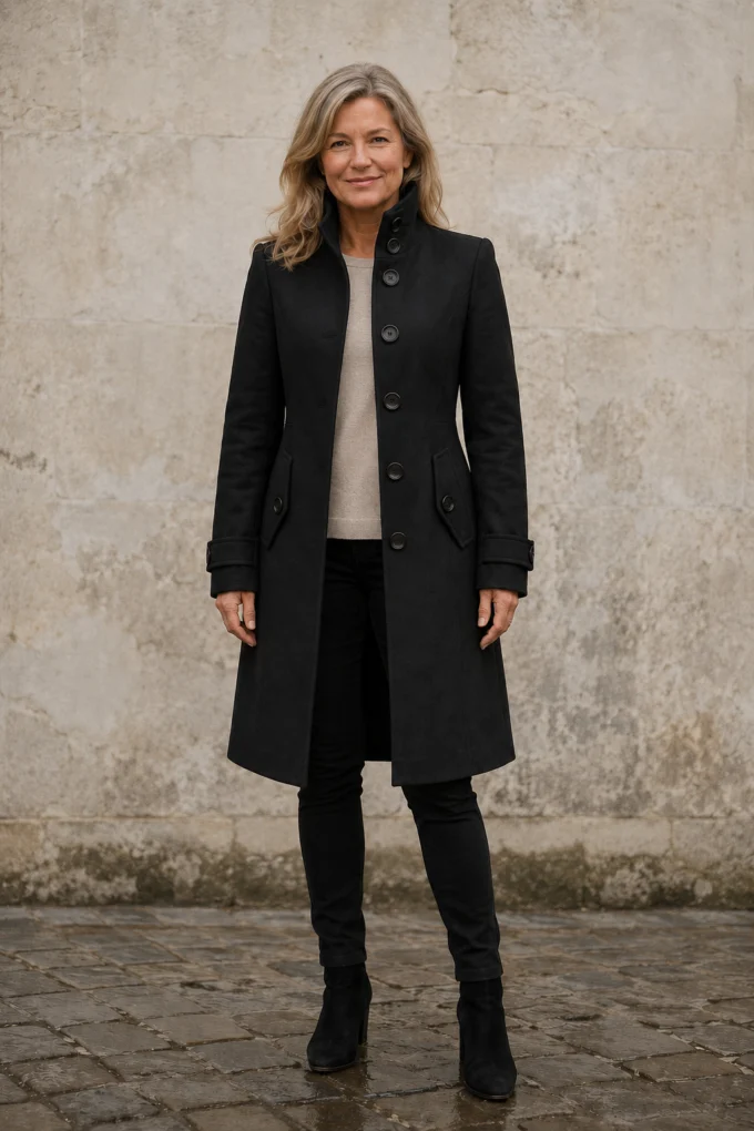 Quilted Double-Breasted Funnel Neck Coat open