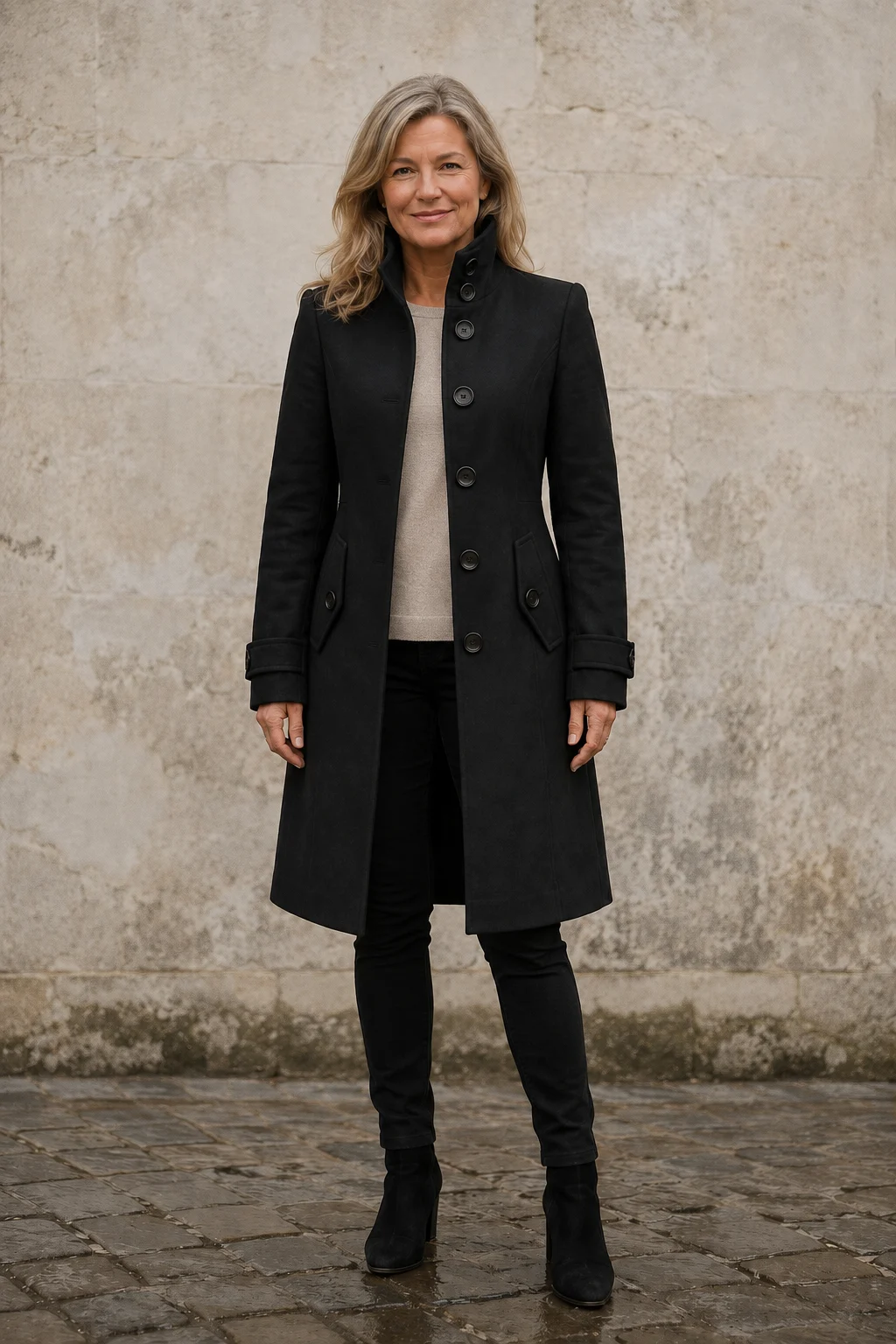 Quilted Double-Breasted Funnel Neck Coat open