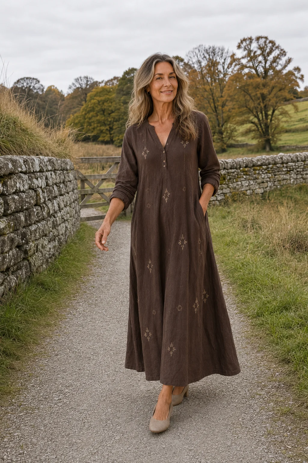 Rachelle | Long Sleeve Printed Day Dress - Brown lifestyle