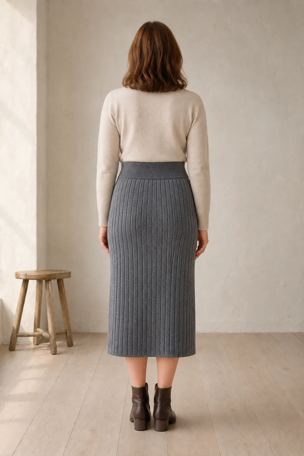 Rejeanne | Ribbed Merino Wool Midi Skirt - Grey