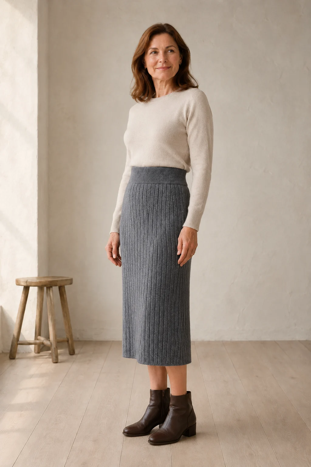 Rejeanne | Ribbed Merino Wool Midi Skirt - Grey