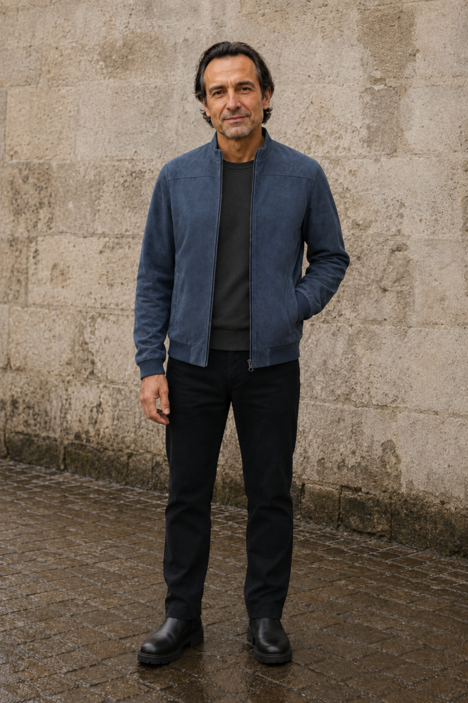 Ribbed Hem Suede Bomber Jacket - voorkant open