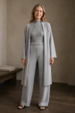 Full-length editorial image of Ribbed Knit Three Piece Lounge Set