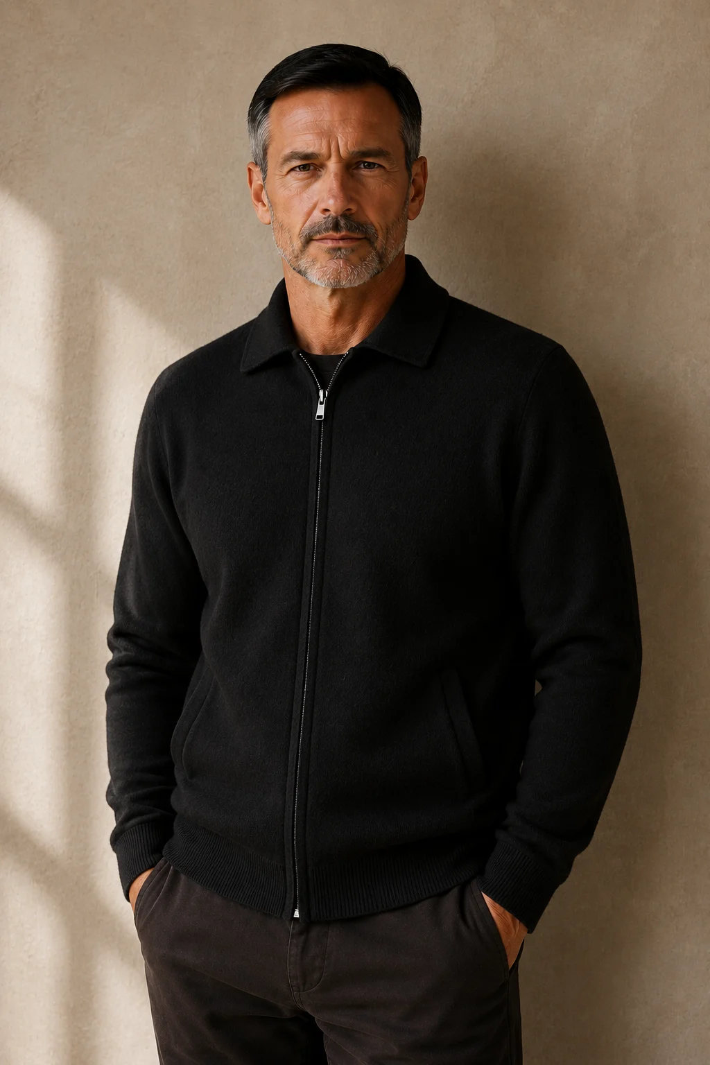 Wool Blend Zip Front Cardigan - Black
