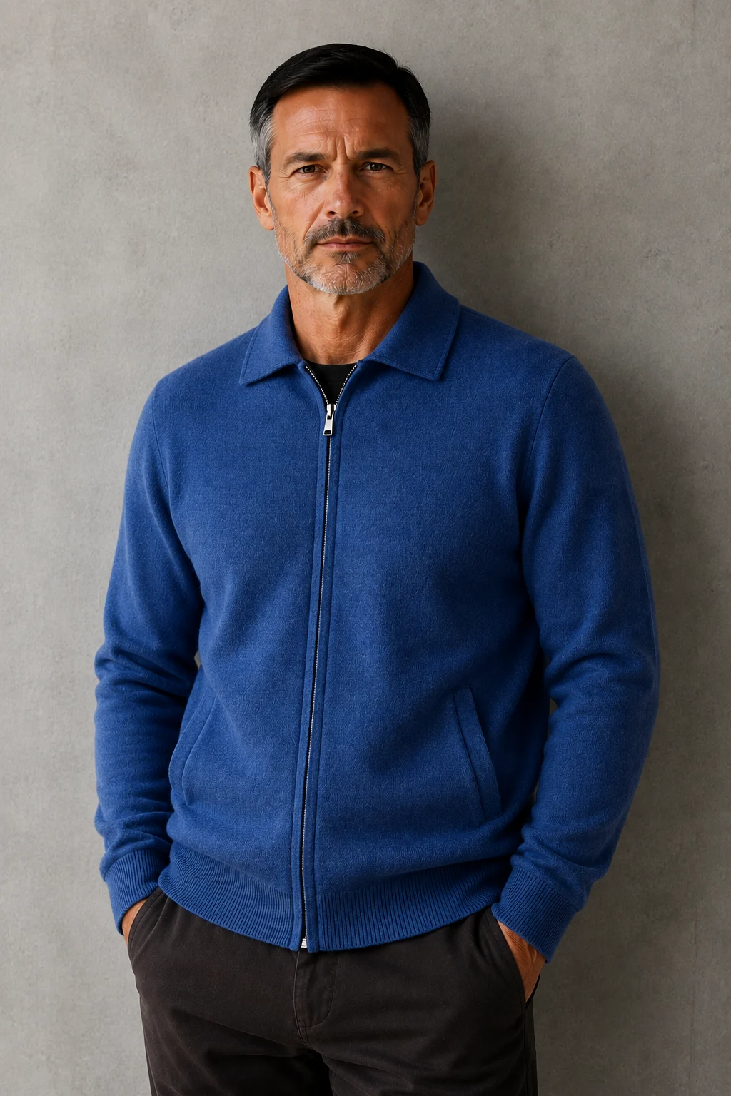 Wool Blend Zip Front Cardigan - Blue