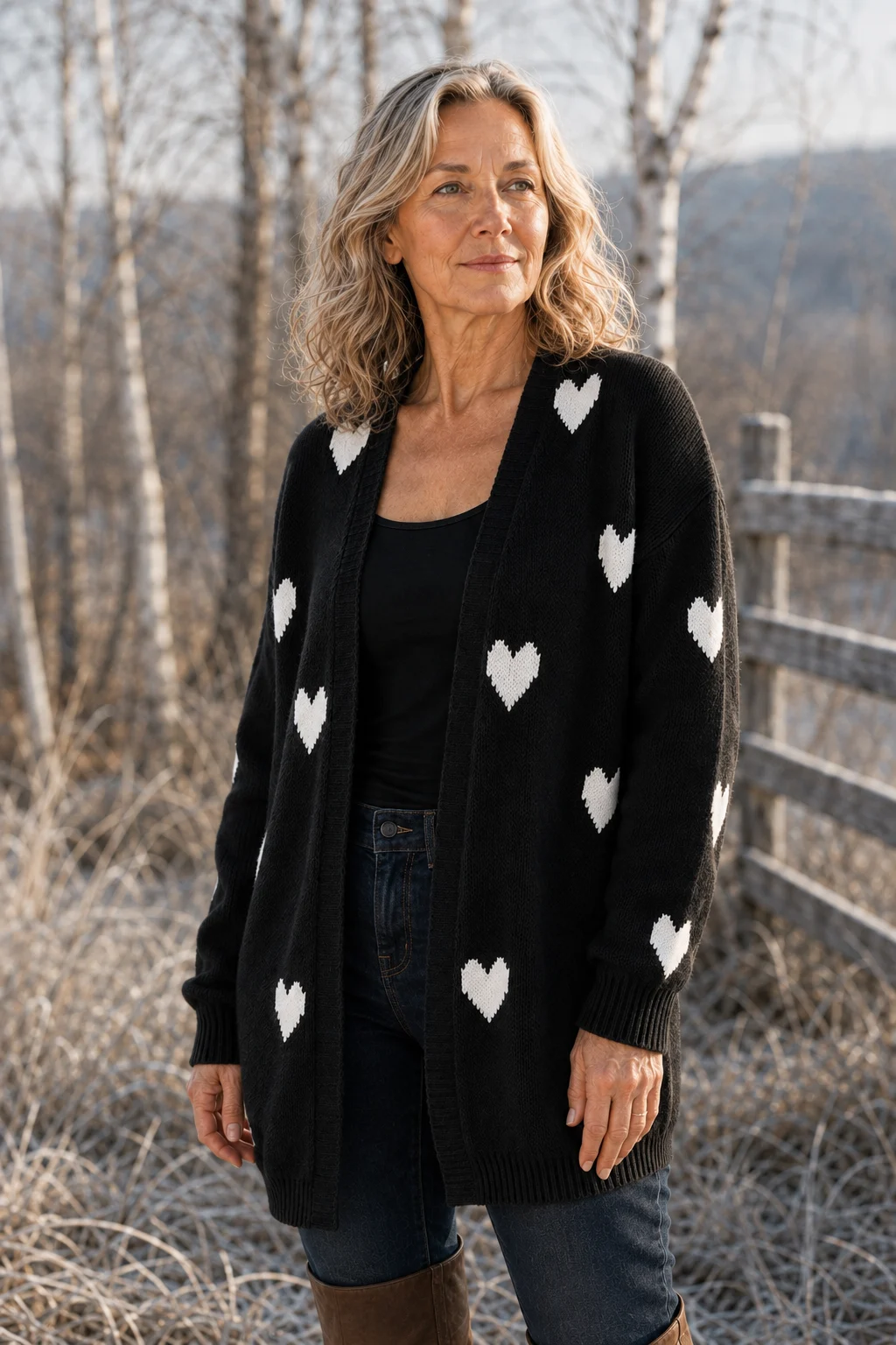 Rosa knitted-in heart cardigan in black, outdoor editorial photograph