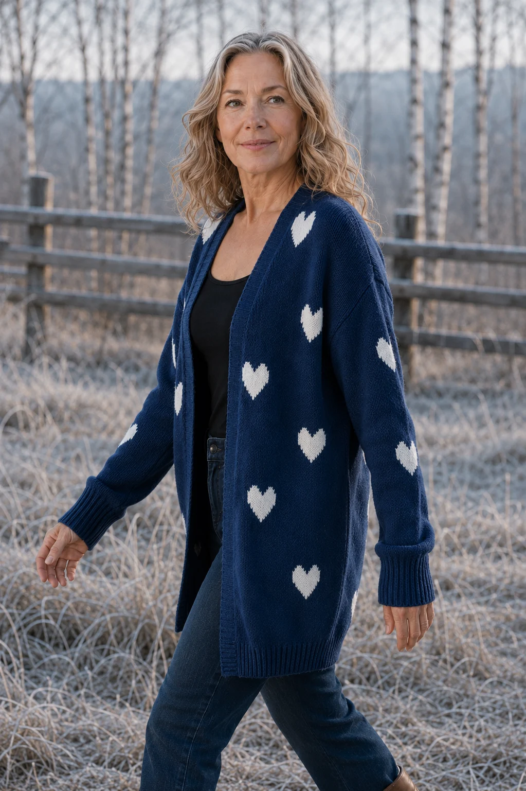 Rosa Knitted-In Heart Cardigan in Blue, outdoor editorial photograph