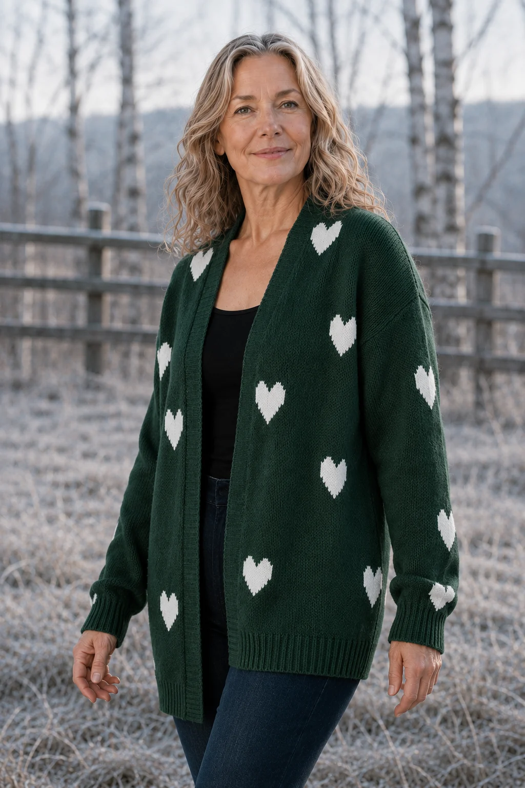 Rosa Knitted-In Heart Cardigan in Green, torso-focused outdoor editorial photograph