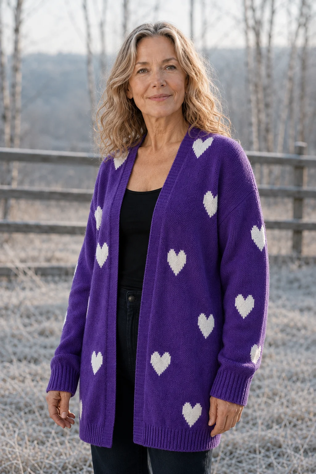 Rosa Knitted-In Heart Cardigan in Purple, torso-focused outdoor editorial photograph