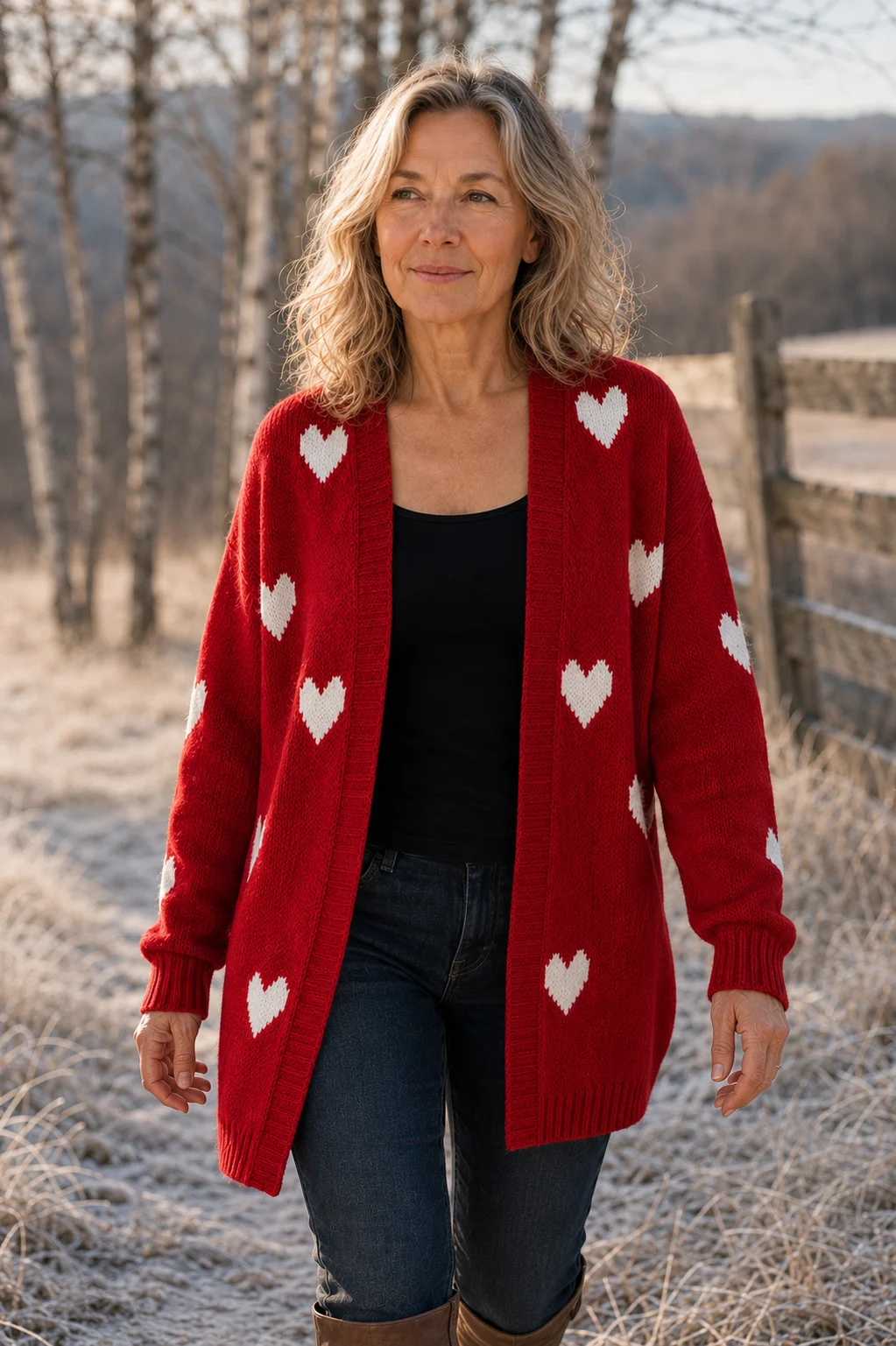 Rosa knitted-in heart cardigan in red, outdoor editorial photograph