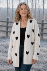 Rosa Knitted-In Heart Cardigan in White, torso-focused outdoor editorial photograph