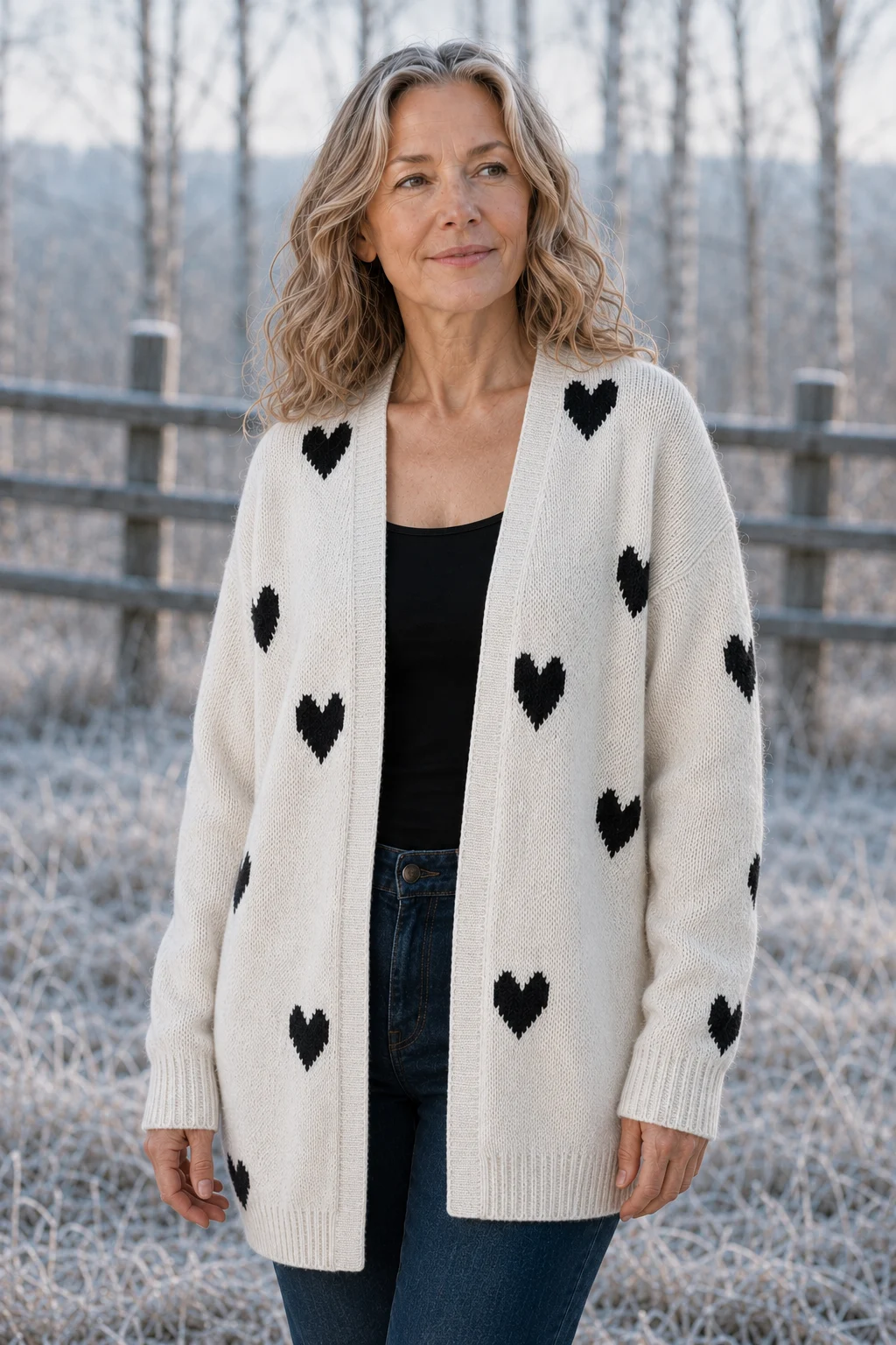 Rosa Knitted-In Heart Cardigan in White, torso-focused outdoor editorial photograph