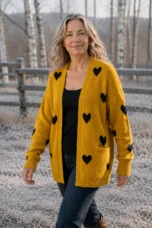 Rosa Knitted-In Heart Cardigan in Yellow, outdoor editorial photograph