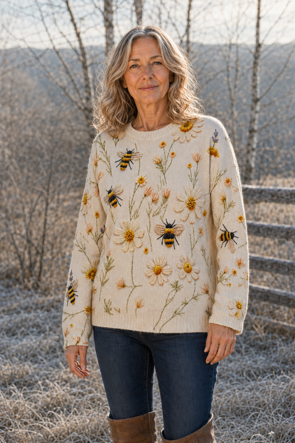 Rosalba Bee Print Crew Neck Sweater in cream, outdoor editorial view