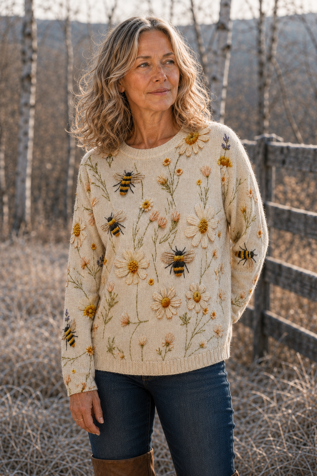 Rosalba Bee Print Crew Neck Sweater in cream, alternate natural editorial view