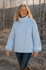 Rosetta light blue chunky knit pullover editorial photograph