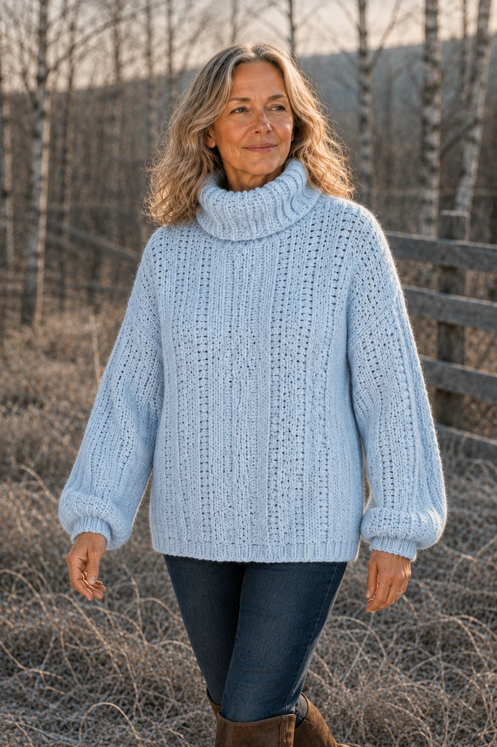 Rosetta light blue chunky knit pullover editorial photograph