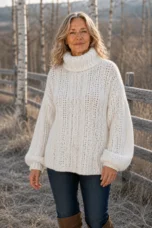 Rosetta white chunky knit pullover editorial photograph
