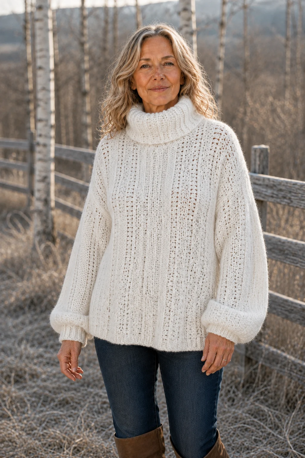 Rosetta white chunky knit pullover editorial photograph