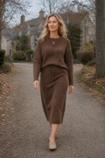 Rosette matching set in brown on a cool autumn walk